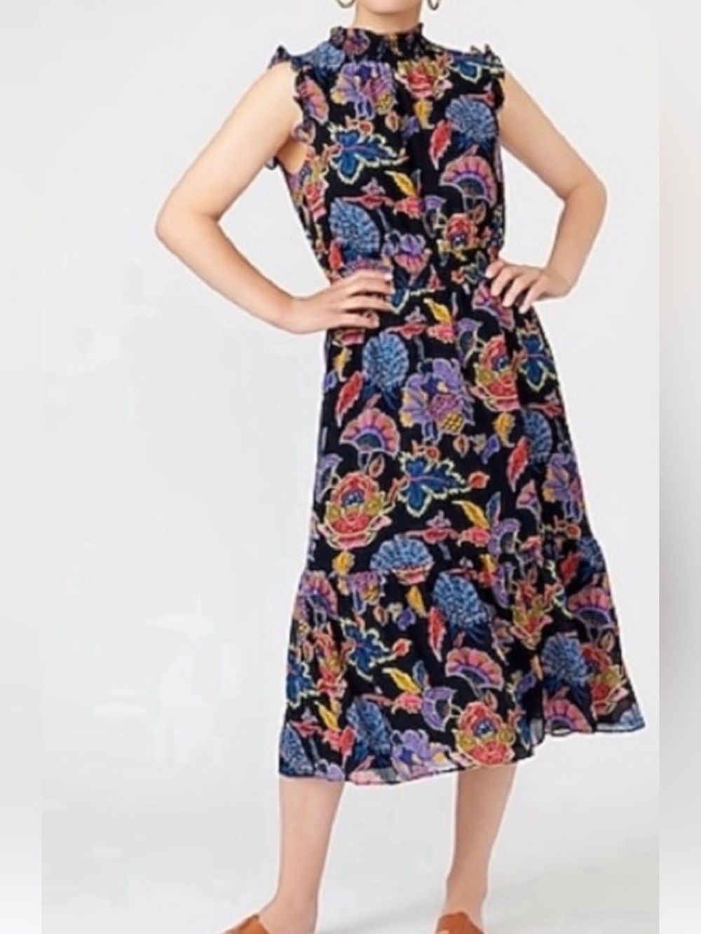 J.Crew Floral Maxi Sleeveless Dress in Black with Multicolor Print